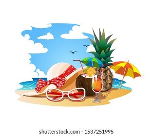 Vector illustration of a summer vacation on a tropical beach. Summer hat, glasses and cocktails on the sunny coast.