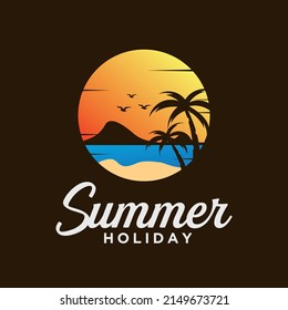 Vector illustration of summer vacation on the beach logo family vacation on the beach logo surfing