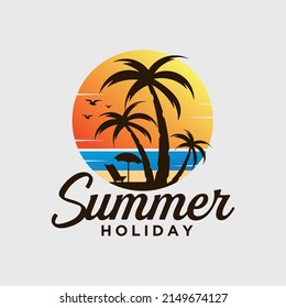 Vector illustration of summer vacation on the beach logo family vacation on the beach logo surfing