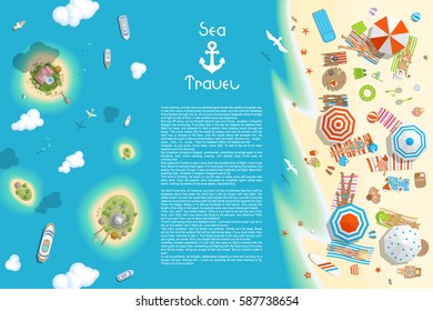 Vector illustration. Summer vacation. Sea voyage, the islands and the beach. (Top view) Time to travel - sun, beach, sea, palm, towels, umbrellas, islands, yachts. (View from above)