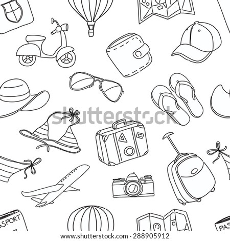 Vector illustration Summer vacation sketch doodle seamless pattern. Black and white
