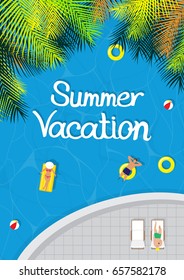 Vector Illustration of Summer Vacation. there are young girl, pool, outdoor, swimming, tube, air bed, palm tree, water, hot, sun bed, man, bikini