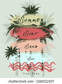 Vector Illustration Summer Vacation Tropical Beach Waves Surfboard T-shirt Graphic Palm Tree Surf Travel Fashion Design with Typography