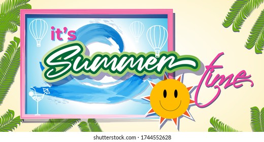 vector illustration for summer vacations, summer vacation background concept with sun, water wave and palm leaves in backdrop 