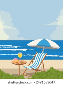 Vector illustration. Summer vibe, Beach holiday, beach chair and umbrella, cocktail. Modern design.