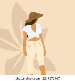 Vector illustration summer vibe girl with muted, elegant color palettes flat modern minimalism style.