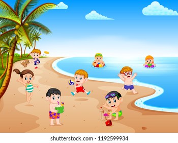 vector illustration of the summer view with a grup of children playing and swimming in the beach on the sunny day