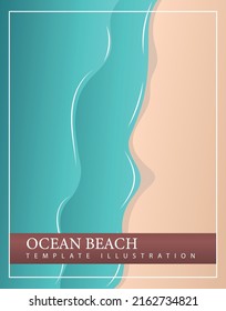Vector illustration of summer warm resort ocean beach with azure water. Modern minimalist template design on the theme of exotic holidays with text.