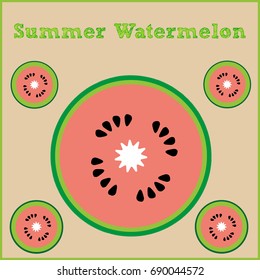 Vector illustration of a summer watermelon. Illustration of fruit on a colored background. Drawing illustrations for textures, logos, stickers, prints, advertisements.