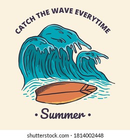 Vector illustration of Summer wave and surfboard . 