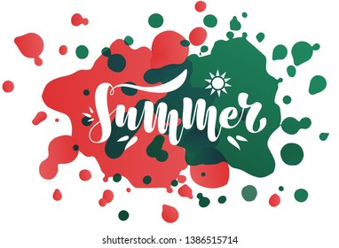 Vector illustration - summer. White text on multicolored acrylic splashes, red and green, leaf, sun. Postcard. Summer party poster. Logo, banner for travel agency. EPS 10.