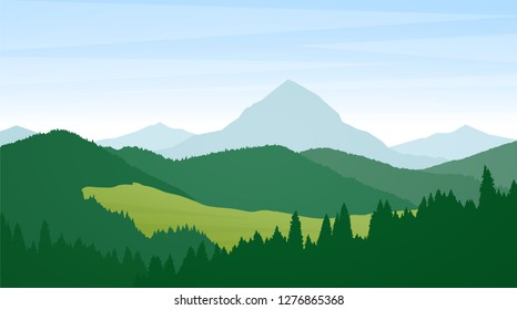 Vector illustration: Summer Wild Mountains landscape with pines, hills and peaks.