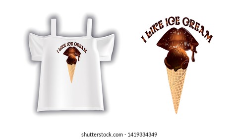 Vector illustration of summer women's t-shirt with chocolate ice cream. Vector image of sweets. Fashionable white women's t-shirt.