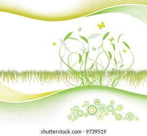Vector illustration of a summer/spring floral and lined art background with cheery circles and copy space.