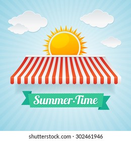 Vector illustration summertime card. The concept of vacation, trade in the holiday season. Flat design style  