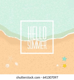 Vector illustration of summertime card. Starfish and seashell on the beach. Isolated abstract summer background. Top view of sand and ocean.