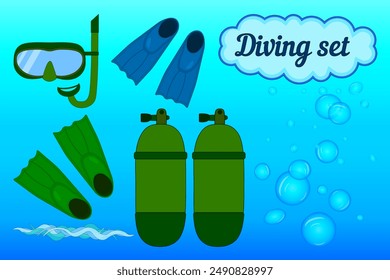 Vector illustration of a summertime diving equipment set including snorkel, fins, oxygen tanks and bubbles. Perfect for beach and underwater themes.