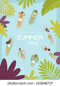  Ilustración vectorial. Afiche de verano. La gente se relaja y se divierte en vacaciones. Plantas tropicales. Vista superior, ojo de pájaro. lugar del texto. 