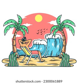 vector illustration of summer,vacationing enjoying beautiful waves on the beach.nice design concept for print