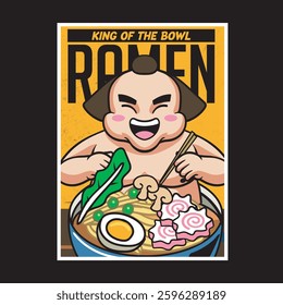 Vector Illustration of Sumo Eating Ramen with Cute Illustration Available for Poster
