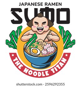 Vector Illustration of Sumo Eating Ramen with Cute Illustration Available for Tshirt Design