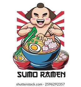 Vector Illustration of Sumo Eating Ramen with Cute Illustration Available for Tshirt Design