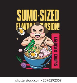 Vector Illustration of Sumo Eating Ramen with Cute Illustration Available for Tshirt Design