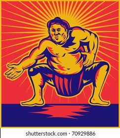 vector illustration of a Sumo wrestler crouching facing front with sunburst in background done in retro woodcut style.