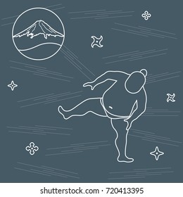 Vector illustration of sumo wrestler, shurikens and mountain Fuji. Japan theme.
