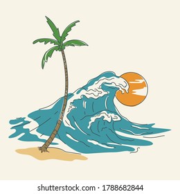 ilustración vectorial de sol y gran ola en la playa. Para camisetas, pegatinas y otros productos similares.