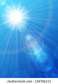 Vector illustration of the sun in a blue sky with rainbow