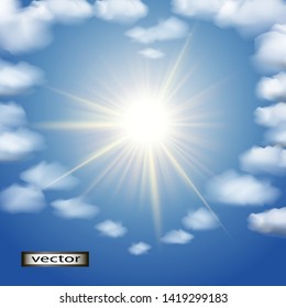 vector illustration of the sun in a blue sky surrounded by clouds in the form of a heart