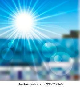 Vector illustration of the sun in a blue sky and sea
