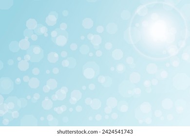Ilustración vectorial del sol en un cielo azul. Fondo de primavera o verano. Los rayos del sol y el bokeh