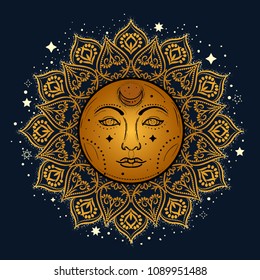 Vector illustration of sun in boho, gypsy style.