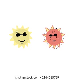 Vector illustration  sun cartoon wearing glasses hot and happy.