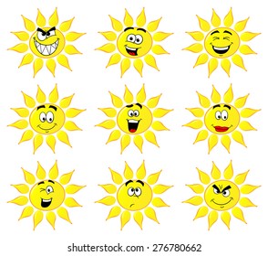 vector illustration of sun cartoons with many faces isolated on white background