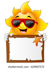 Vector illustration of Sun characters cartoon with summer billboard