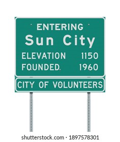 Vector illustration of the Sun City Entering green road sign on metallic posts