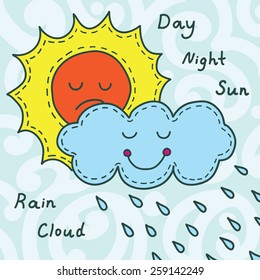 Vector illustration of  sun and cloud. Childrens shiny background.