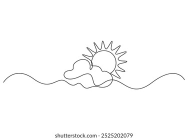 Ilustração vetorial do desenho contínuo de uma linha do sol e da nuvem. Vetor Premium