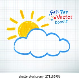 Vector illustration of sun and cloud. Felt pen childlike drawing on checkered notebook paper.
