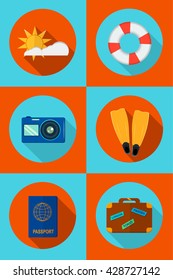 vector illustration sun clouds life preserver camera flippers passport suitcase