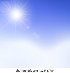 Vector illustration of sun and clouds on a blue sky. Gradient mesh used.