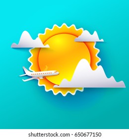 Vector illustration of sun with clouds on sky. Airplane is flying. Paper art style. Summer paper craft background. Good weather for flying concept