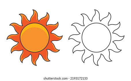 Vector illustration of the sun, in color and black and white versions.