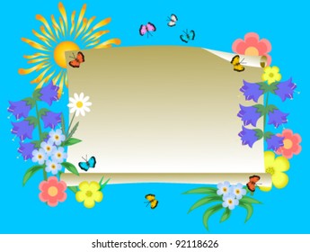 Vector illustration with the sun, colors, butterflies and a paper roll. An empty place for your text.