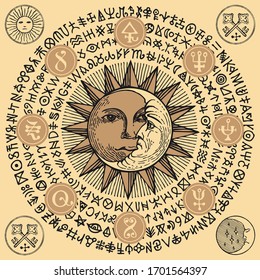 Vector illustration with Sun, crescent Moon and alchemical symbols in retro style on the beige background. Hand-drawn banner with esoteric signs and magic runes written in a circle