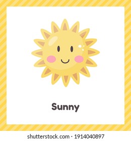 Vector illustration. Sun. Cute weather sunny for kids. Flash card for learning with children in preschool, kindergarten and school.