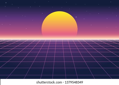 Vector illustration of sun and digital landscape in retro futuristic background 1980s style